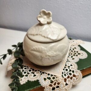 Vintage Cream Ceramic Pot Lidded Jar Floral Embossed Trinket Dish African Violet